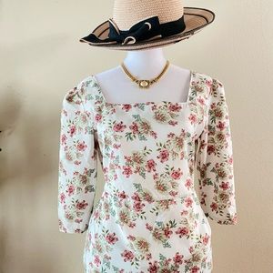 Floral pink and green leaf - Long Dress- elbow sleeve/ New